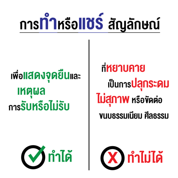 เอกสารเผยแพร่ของ กกต. ระบุว่า "การทำหรือแชร์สัญลักษณ์ เพื่อแสดงจุดยืนและเหตุผลของการรับหรือไม่รับ" ร่างรัฐธรรมนูญฯ สามารถทำได้ ดูสิ่งที่ทำได้-ทำไม่ได้ อื่นๆ ได้ที่ https://goo.gl/o1qTsx