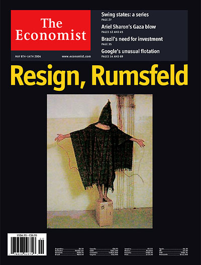ภาพหน้าปก The Economist ปี 2004 ลงบทความเรียกร้องให้โดนัลด์ รัมสเฟลรับผิดชอบต่อกรณีอื้อฉาวในเรือนจำ