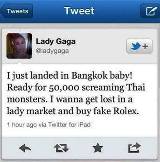 ข้อความ บน Twitter ของ เลดี้ กาก้า ที่มาภาพ: httpstwitter.com#!ladygaga