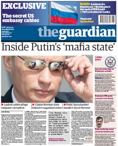Vladimir Putin กับภาพลักษณ์เรื่องความเป็น Mafia State ของรัสเซีย ที่มาภาพ : http://darussophiledotcom.files.wordpress.com/2012/07/guardian-mafia-state.png?w=243&h=300 
