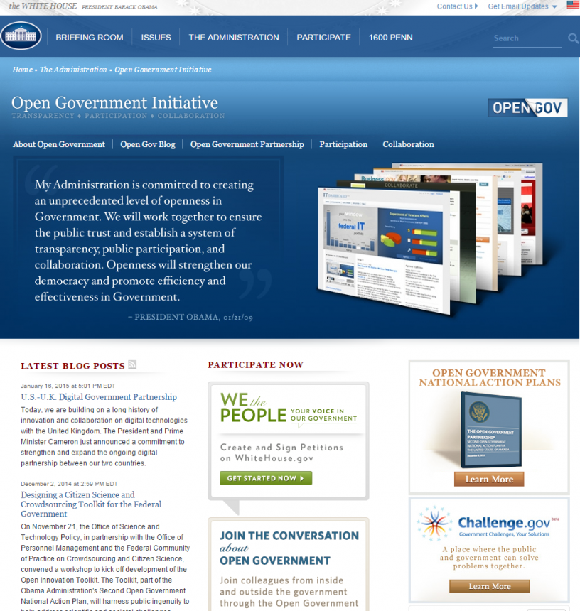 หน้าเว็บ Open Government Initiative ของรัฐบาลอเมริกัน