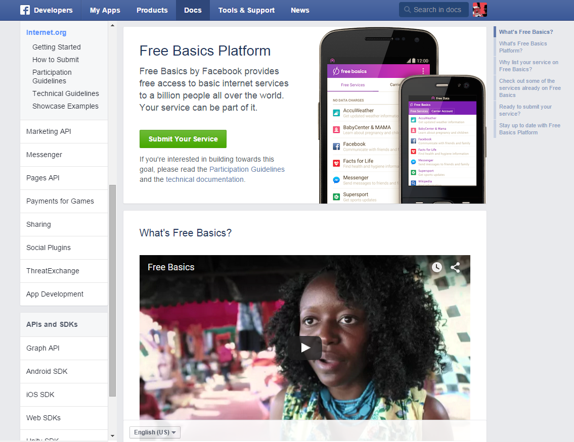 หน้าเว็บ Free Basics ของเฟซบุ๊ก
