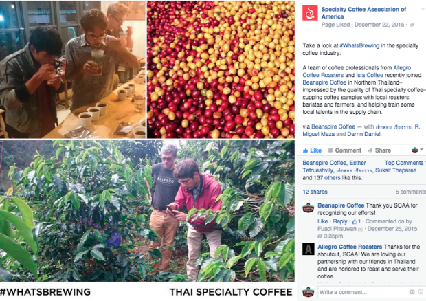 ที่มาภาพ: หน้าเฟซบุ๊กของ สมาคมกาแฟพิเศษสหรัฐอเมริกา (SCAA) โพสต์รูปเกี่ยวกับการมาเยือนประเทศไทยของดาร์รินและมิเกล