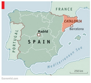 แคว้นคาตาโลเนียอยู่ทางตะวันออกเฉียงเหนือของประเทศสเปน และมีเมืองบาร์เซโลน่าเป็นเมืองท่าสำคัญ ที่มาภาพ : http://www.economist.com/news/europe/21667974-elections-catalonia-may-launch-secession-battle-europe-not-ready-breaking-up-hard 