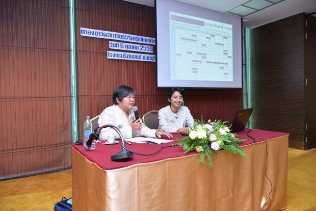 งานแถลงข่าวผลการตรวจสอบสารพิษตกค้างรอบที่ 2 ประจำปี 2559 โดยนางสาวปรกชล อู๋ทรัพย์ ผู้ประสานงาน Thai-PAN(ขวา) นางสาว นรินทรกุล ณ อยุธยา จากกลุ่มกินเปลี่ยนโลก(ซ้าย)