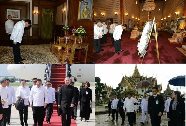นายรอดริโก ดูเตอร์เต ประธานาธิบดีสาธารณรัฐฟิลิปปินส์ได้เดินทางมายังประเทศไทย โดยในเวลา 14.00 น. ประธานาธิบดีดูเตอร์เตได้เดินทางไปยังพระที่นั่งดุสิตมหาปราสาท พระบรมมหาราชวัง เพื่อวางพวงมาลาถวายราชสักการะพระบรมศพพระบาทสมเด็จพระปรมินทรมหาภูมิพลอดุลยเดช ที่มาภาพ : http://www.mfa.go.th/main/th/media-center/28/72425