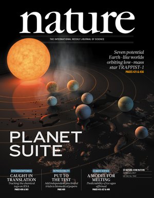 นิตยสาร Nature ที่พิมพ์บทความ การค้นพบดาวเคราะห์ 7 ดวงในระบบสุริยะ Trappist-1