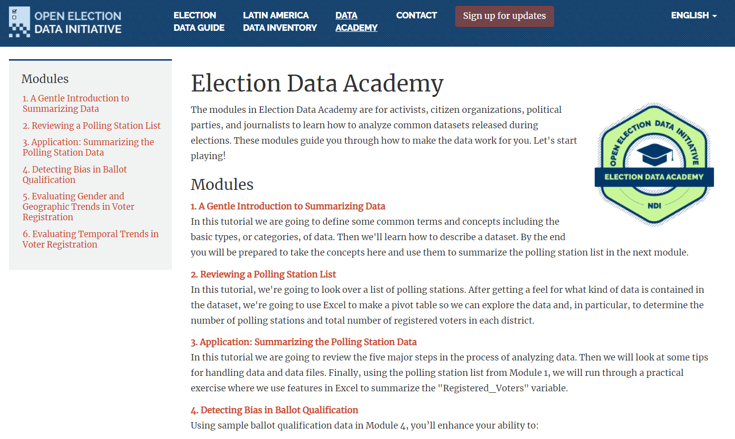 หน้าเว็บห้องเรียนออนไลน์ Election Data Academy